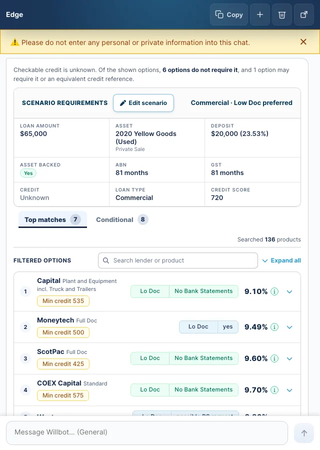 Willbot showing ranked lender options for a sample asset-finance scenario.