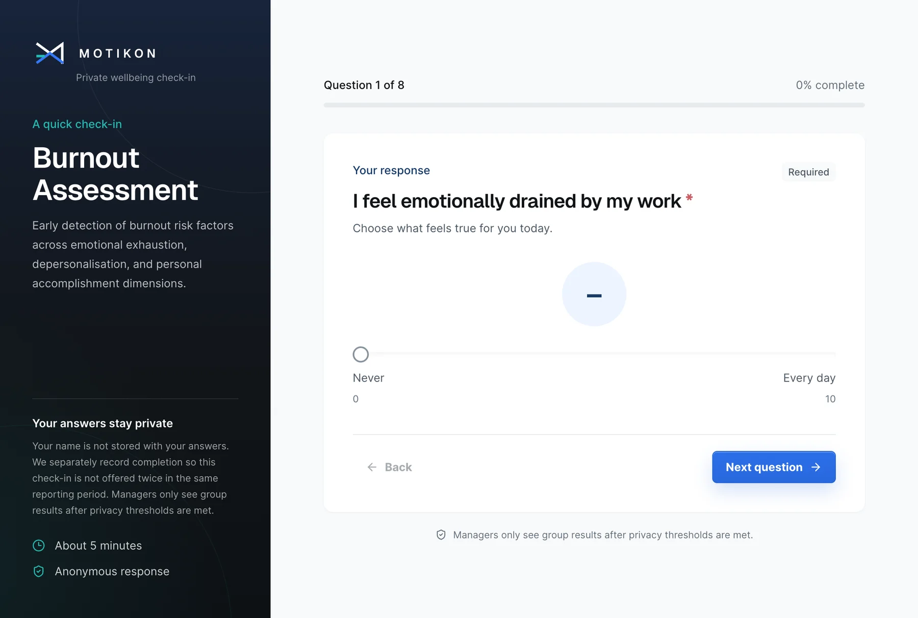 Motikon employee wellbeing check-in with a burnout assessment question and response slider.