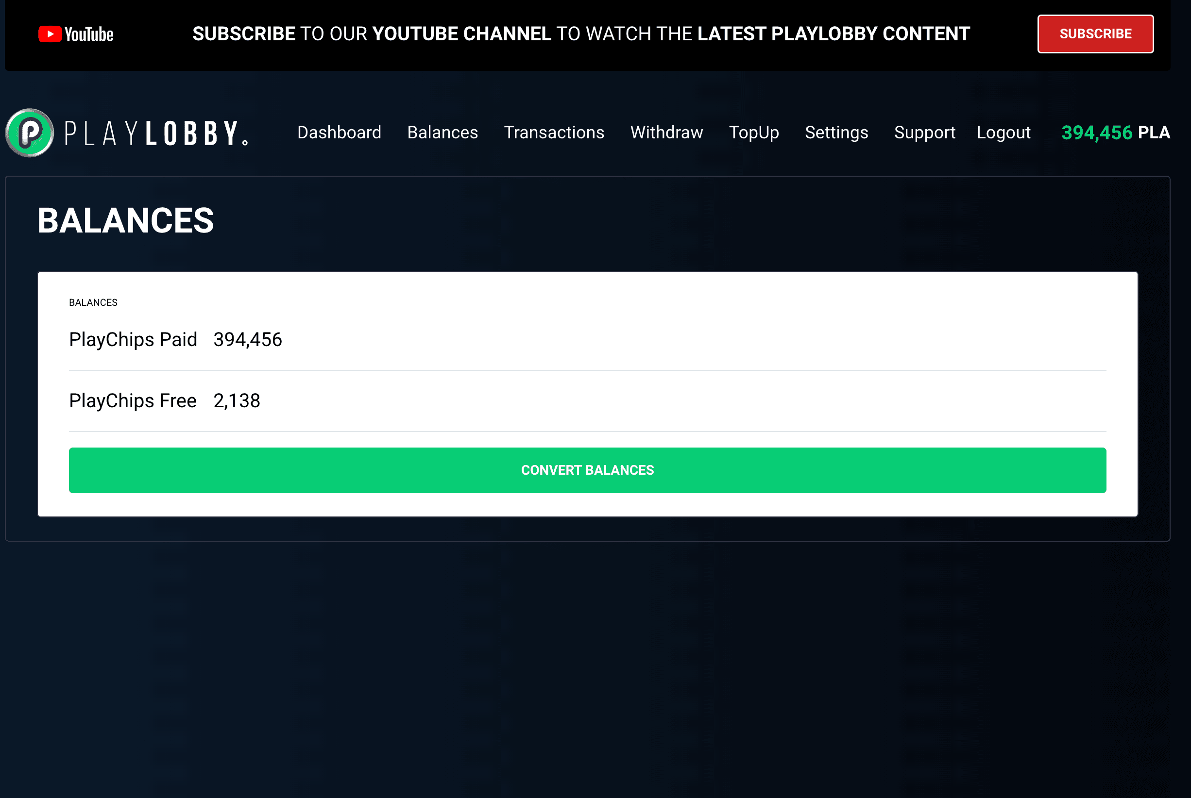 PlayLobby - Balances Screen